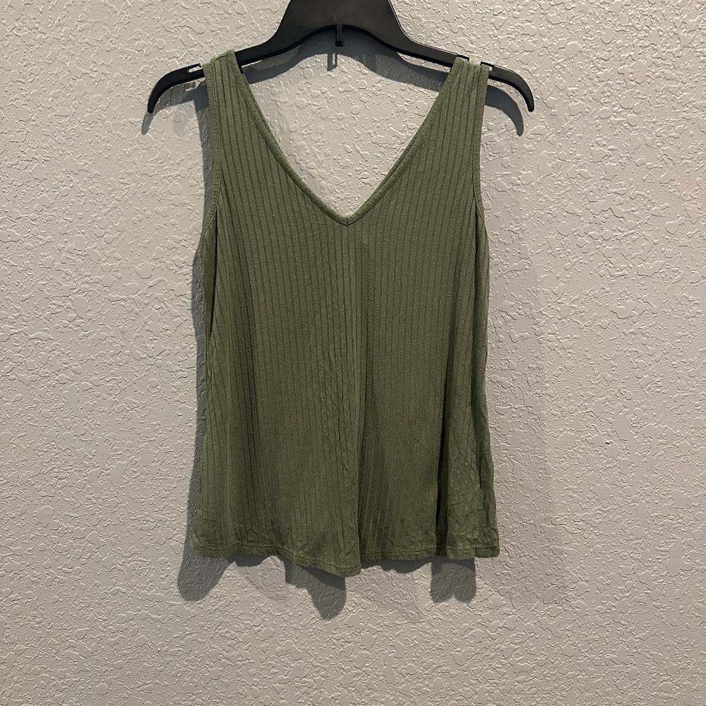Green Ribbed V Neck Tank Top - Size XS